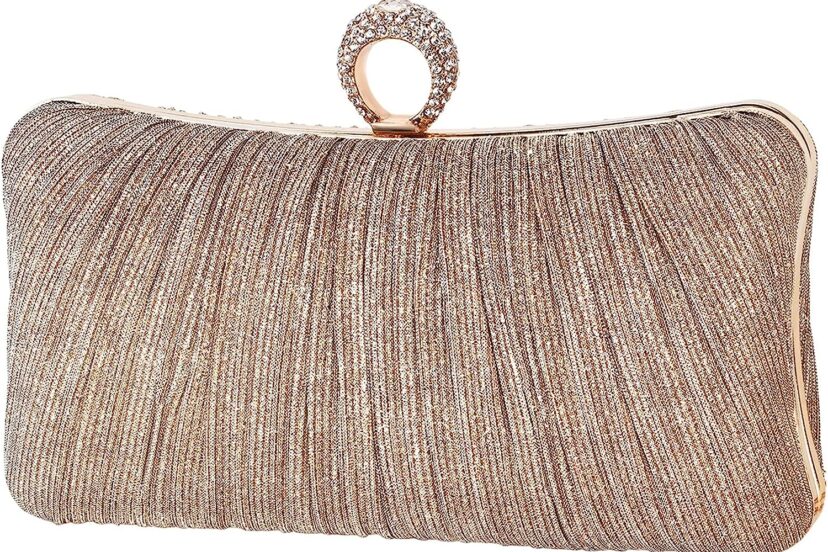 iwish womens golden glitter clutch purse pleated evening bag for bridal wedding party with rhinestone ring review