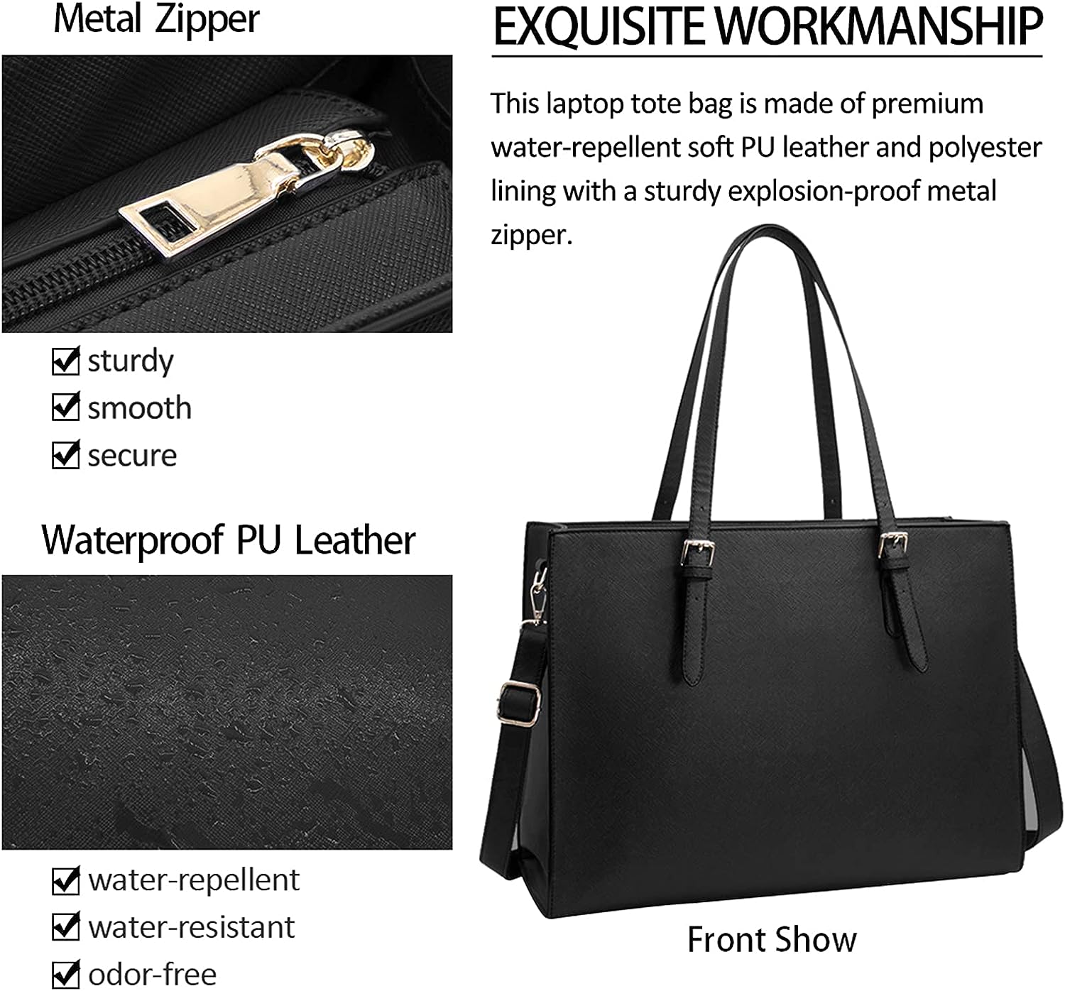 Laptop Bag for Women Waterproof Lightweight Leather 15.6 Inch Computer Tote Bag Business Office Briefcase Large Capacity Handbag Shoulder Bag Professional Office Work Bag Black