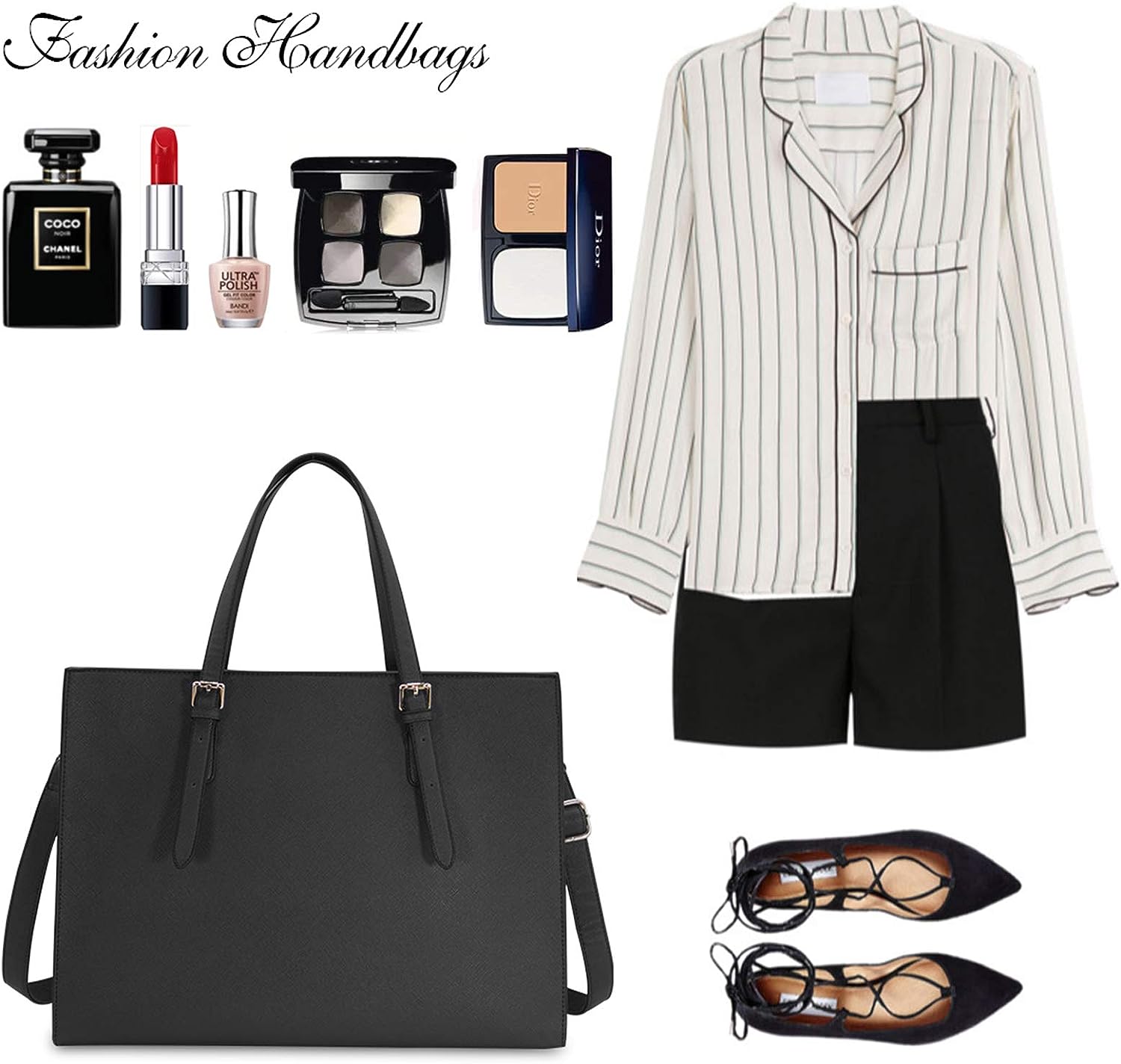 Laptop Bag for Women Waterproof Lightweight Leather 15.6 Inch Computer Tote Bag Business Office Briefcase Large Capacity Handbag Shoulder Bag Professional Office Work Bag Black