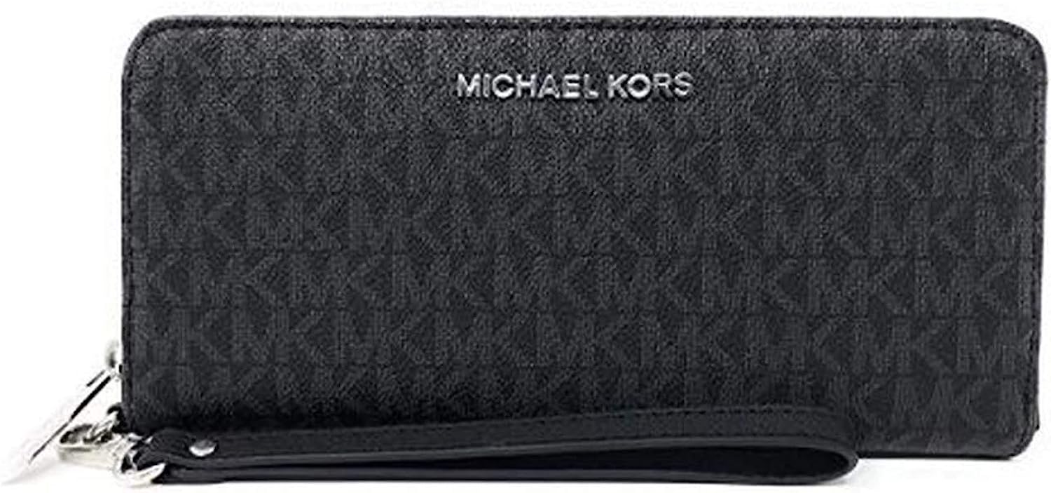 michael kors jet set travel continental zip around leather wallet wristlet black pvcsilver hardware