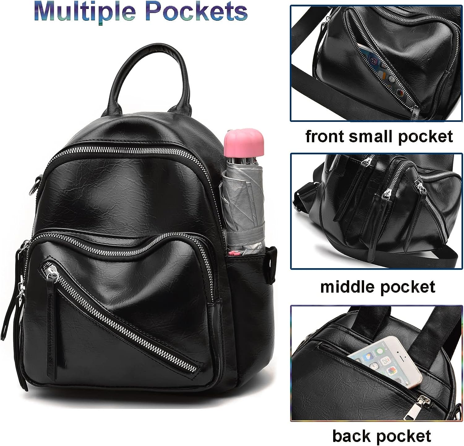 Women Cute Mini Leather Backpacks, Convertible Shoulder Bag Casual Teen Girls Holiday Small Rucksack, Black Women Cute Mini Leather Backpacks, Convertible Shoulder Bag Casual Teen Girls Holiday Small Rucksack, Black