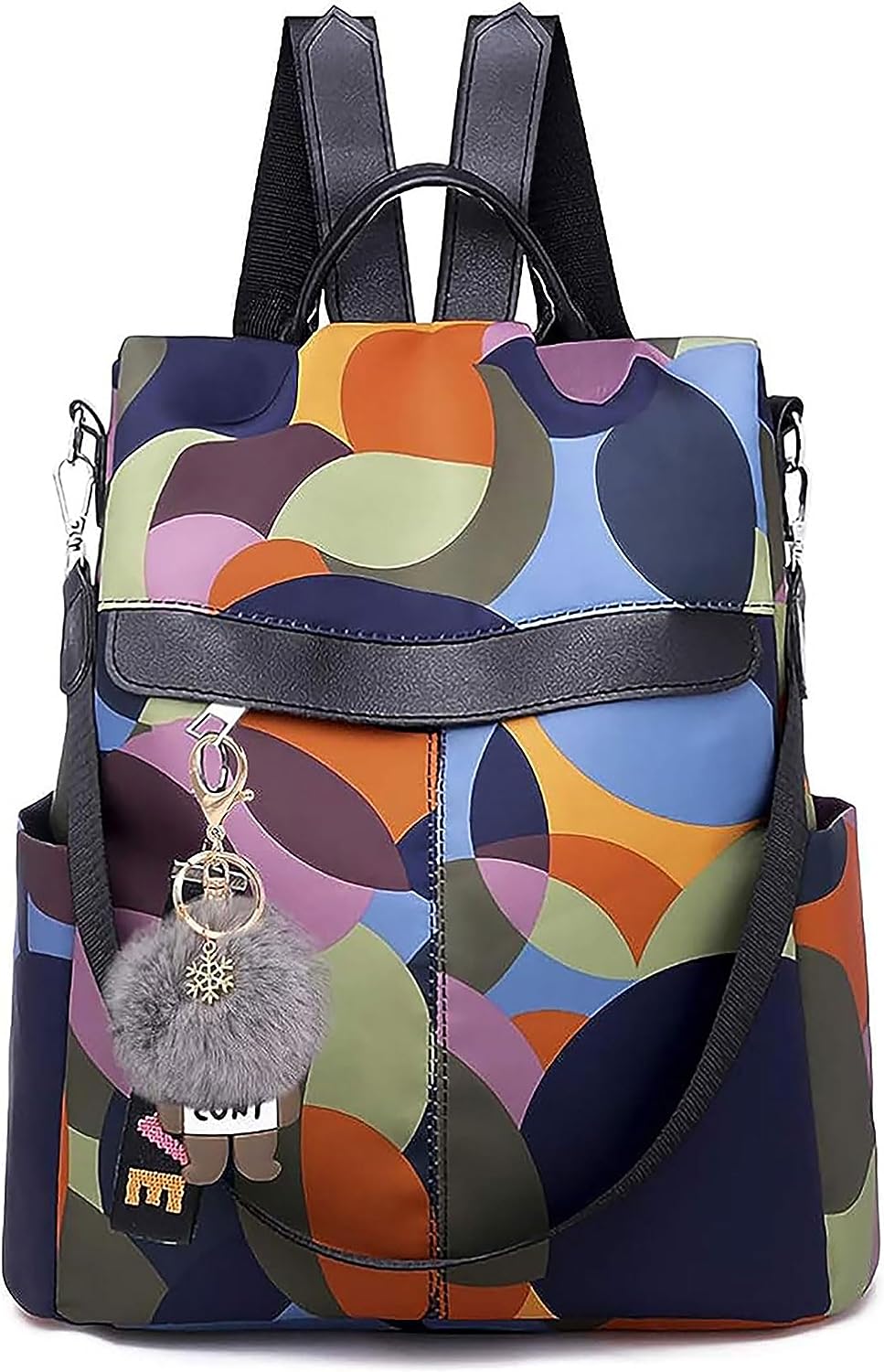 COFIHOME Fashion Backpack for Women Waterproof Rucksack Daypack Anti-theft Shoulder Bag Handbag Casual Travel Bag Hiking Backpack Purse with Pom Pom Keychain, Large, Multicolor