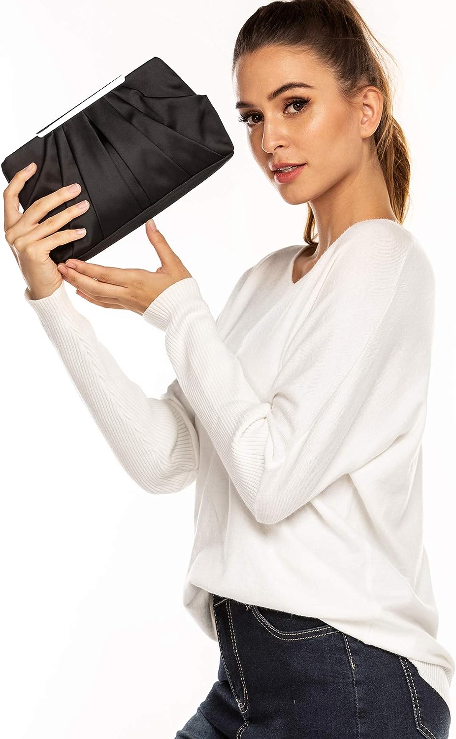 expouch Womens Pleated Satin Evening Handbag Clutch Navy Clutch Purse With Detachable Chain Strap Wedding Cocktail Party Bag