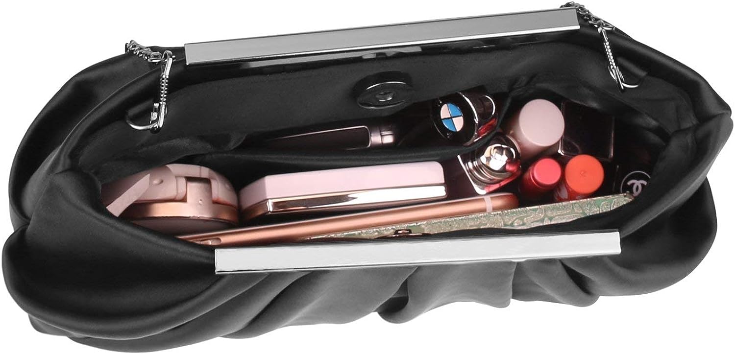 expouch Womens Pleated Satin Evening Handbag Clutch Navy Clutch Purse With Detachable Chain Strap Wedding Cocktail Party Bag