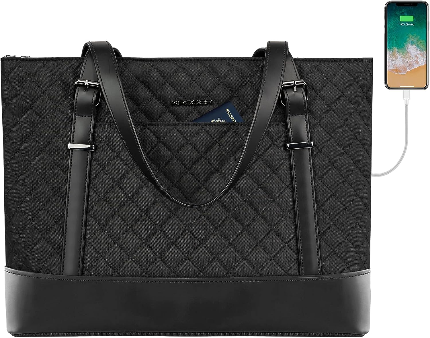 KROSER Laptop Tote Bag 15.6 Inch with USB Port, Large Work Tote Bag Computer Shoulder Bag for Women, Laptop Carrying Case Stylish Handbag Gift for Office Business Travel(Quilted) KROSER Laptop Tote Bag 15.6 Inch with USB Port, Large Work Tote Bag Computer Shoulder Bag for Women, Laptop Carrying Case Stylish Handbag Gift for Office Business Travel(Quilted)