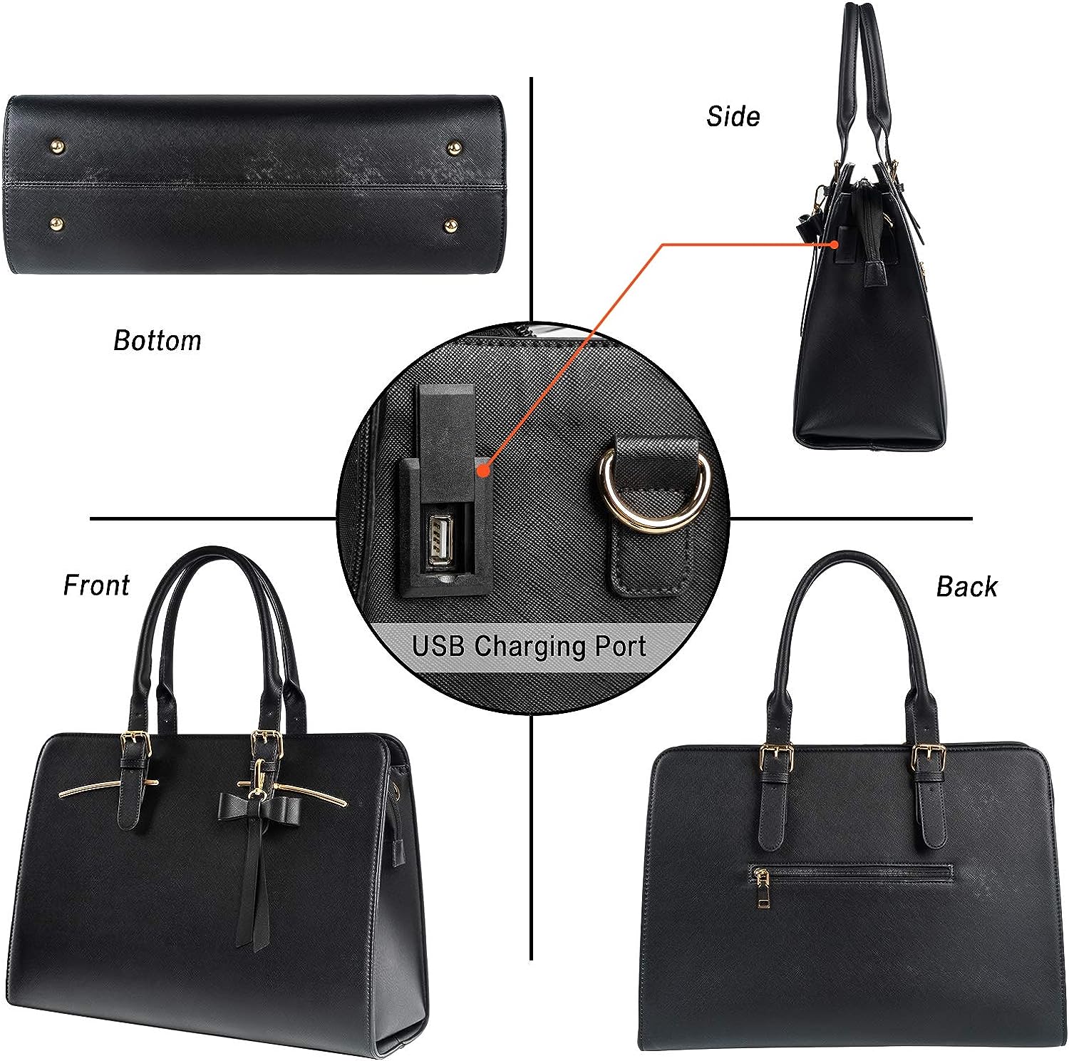 Laptop Tote Bag for Women, Large Waterproof PU Leather Work Briefcase with USB Charging Port Casual Computer Shoulder Bag Messenger fits 15.6 Inch, Business Handbag Satchel Purse 2pcs Set, Black Laptop Tote Bag for Women, Large Waterproof PU Leather Work Briefcase with USB Charging Port Casual Computer Shoulder Bag Messenger fits 15.6 Inch, Business Handbag Satchel Purse 2pcs Set, Black