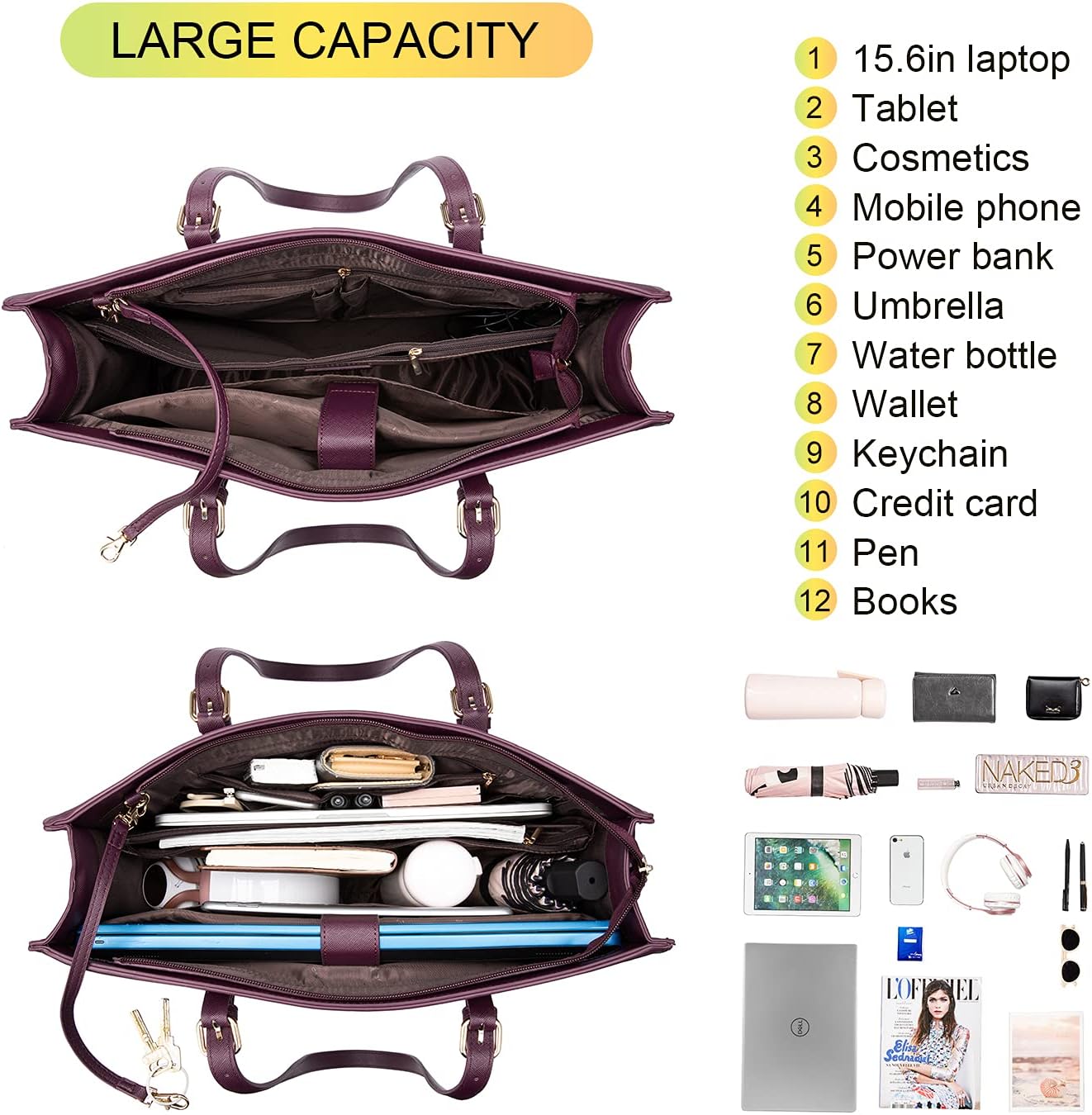 LOVEVOOK Laptop Bag for Women, Fashion Computer Tote Bag Large Capacity Handbag, Leather Shoulder Bag Purse Set, Professional Business Work Briefcase for Office Lady, 2PCs, 15.6-Inch, Deep Plum LOVEVOOK Laptop Bag for Women, Fashion Computer Tote Bag Large Capacity Handbag, Leather Shoulder Bag Purse Set, Professional Business Work Briefcase for Office Lady, 2PCs, 15.6-Inch, Deep Plum