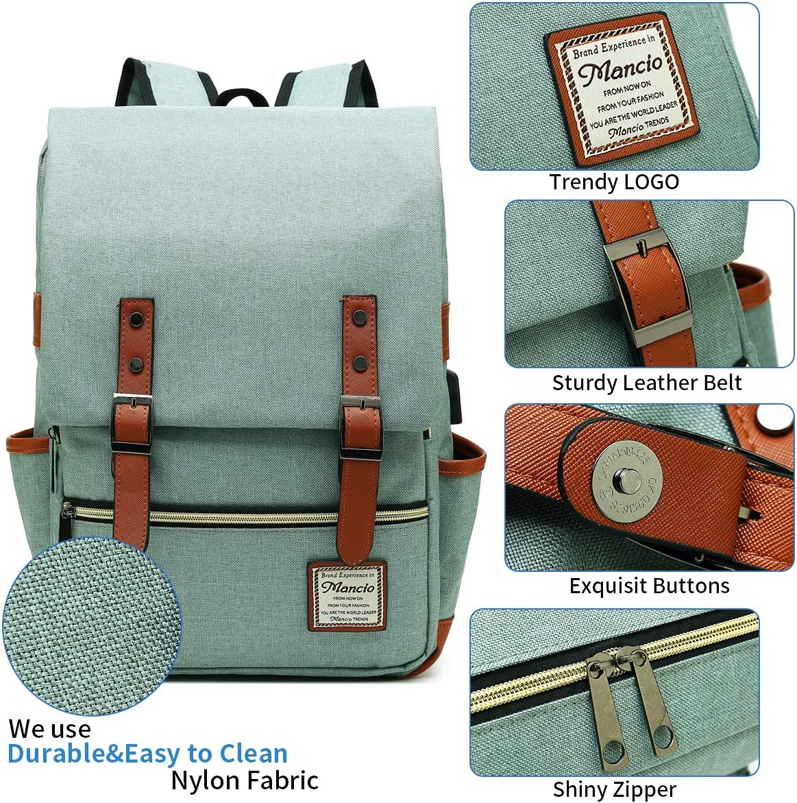 Mancio Vintage Laptop Backpack with USB Charging Port, Slim Tear Resistant Business Backpack for Travelling,  College, Casual Daypacks for Men,Women, Fits up to 15.6Inch Notebook, Green Mancio Vintage Laptop Backpack with USB Charging Port, Slim Tear Resistant Business Backpack for Travelling,  College, Casual Daypacks for Men,Women, Fits up to 15.6Inch Notebook, Green