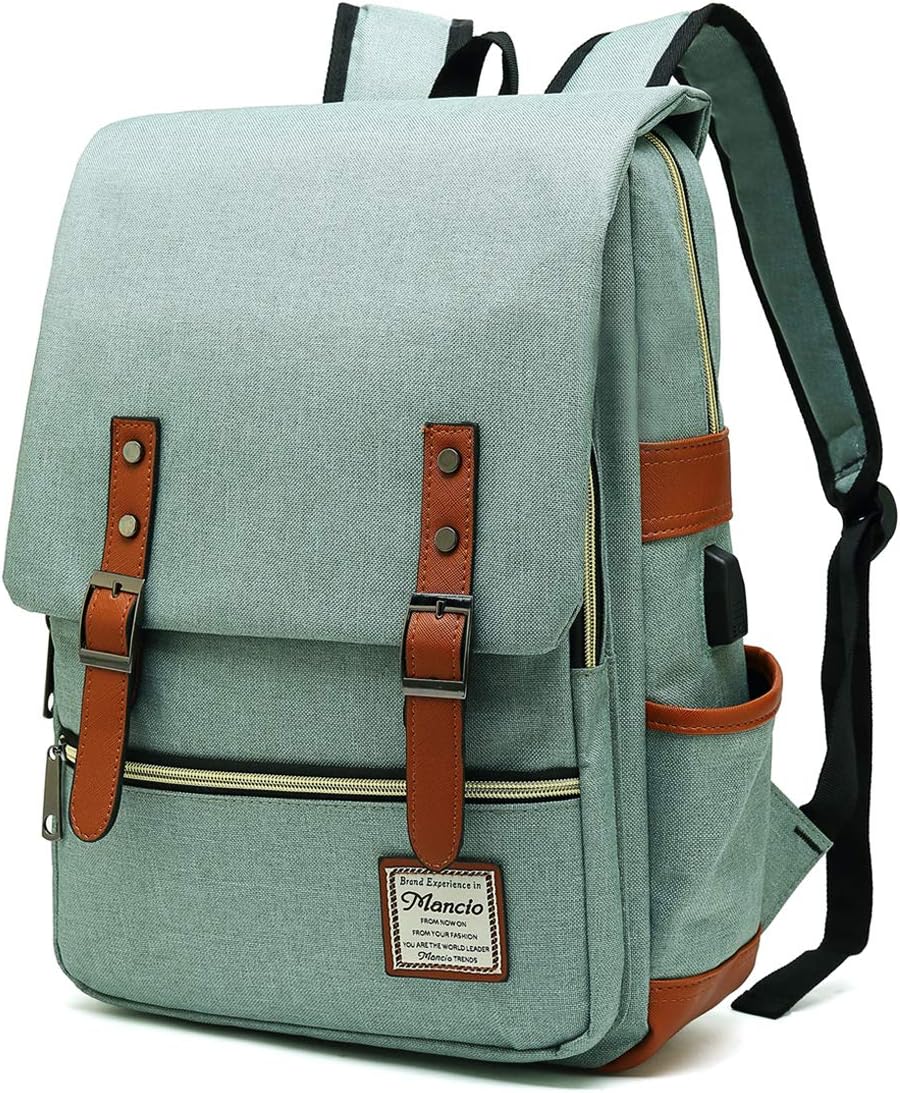 Mancio Vintage Laptop Backpack with USB Charging Port, Slim Tear Resistant Business Backpack for Travelling,  College, Casual Daypacks for Men,Women, Fits up to 15.6Inch Notebook, Green Mancio Vintage Laptop Backpack with USB Charging Port, Slim Tear Resistant Business Backpack for Travelling,  College, Casual Daypacks for Men,Women, Fits up to 15.6Inch Notebook, Green