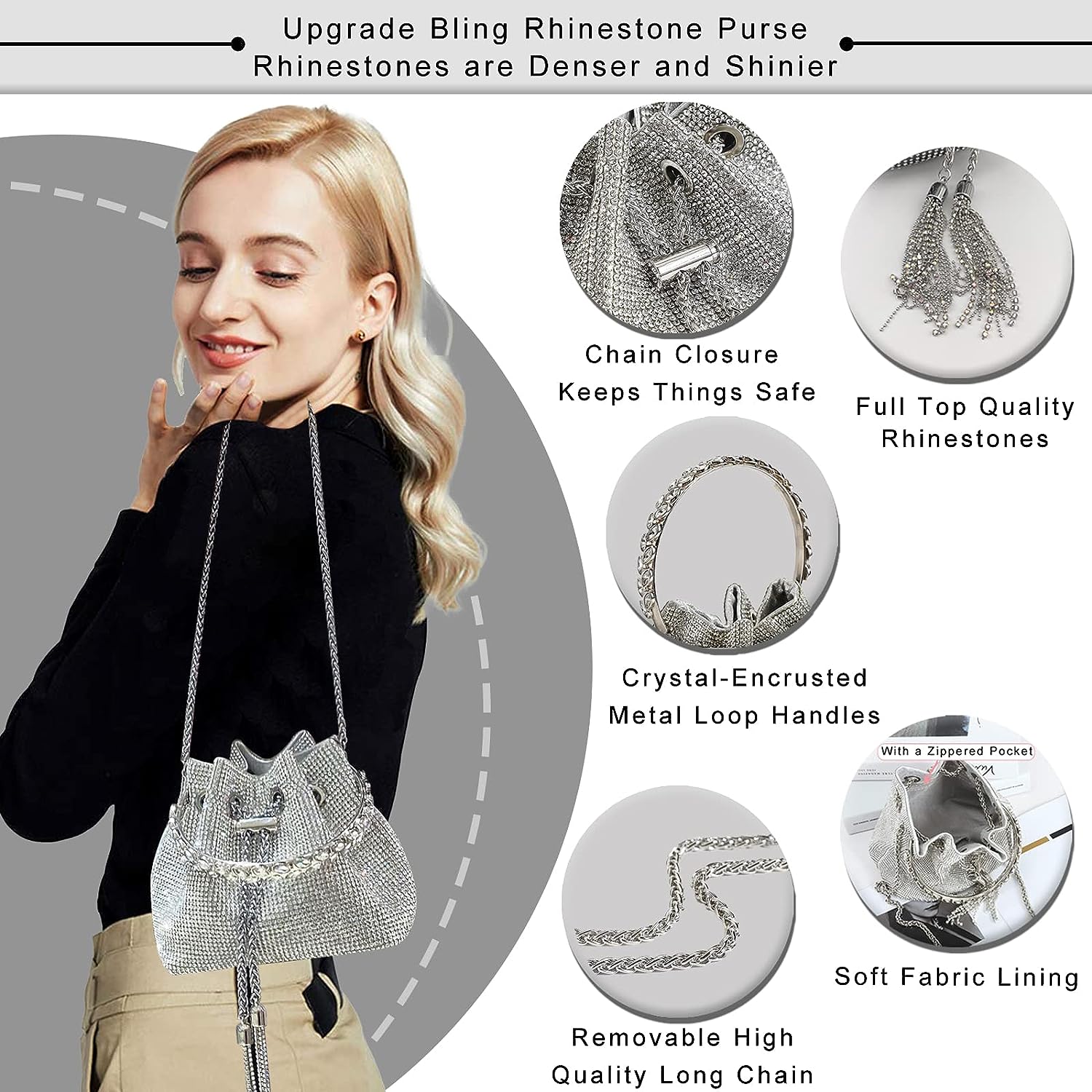 TOPALL Upgrade Rhinestone Evening Bag Silver Purse Sparkly Diamond Silver Clutch Purses for Women Party Club Wedding