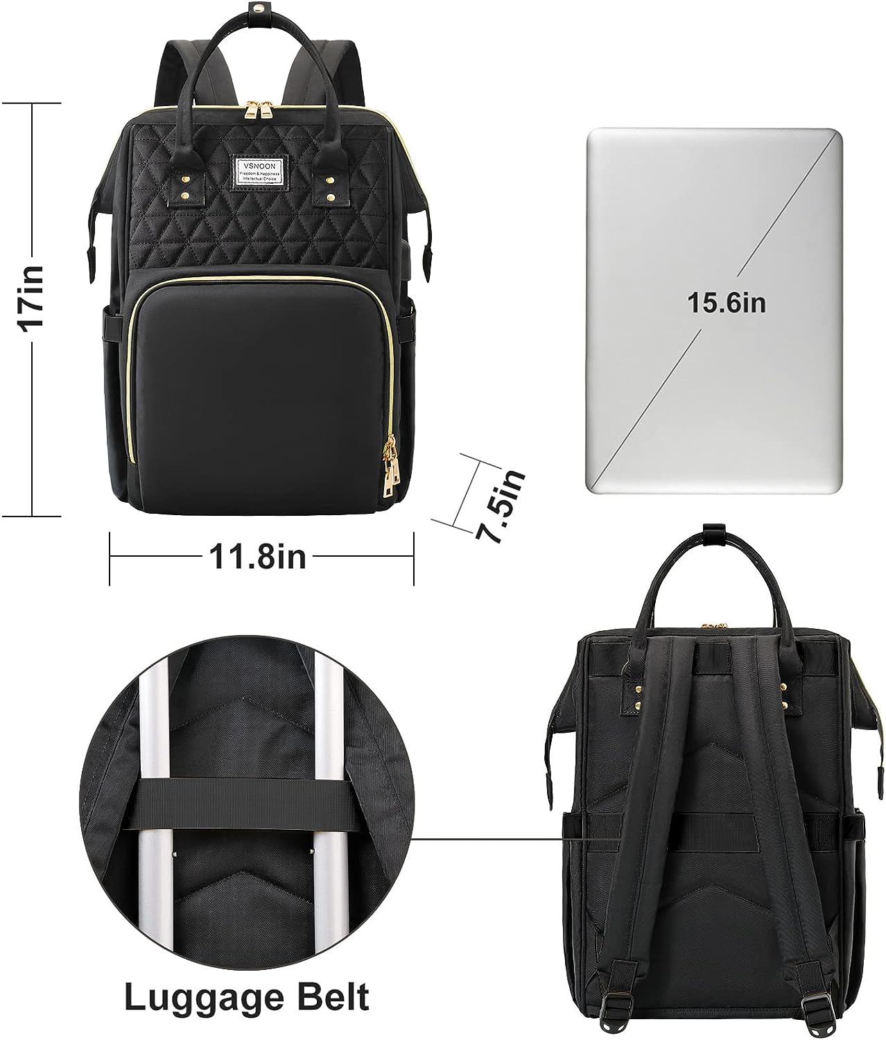 VSNOON Laptop Backpack for Women, 15.6 Inch Laptop Bag with USB Charging Port, Water Resistant Travel Backpack for Women Work Nurse/Teacher Casual Daypack, Black