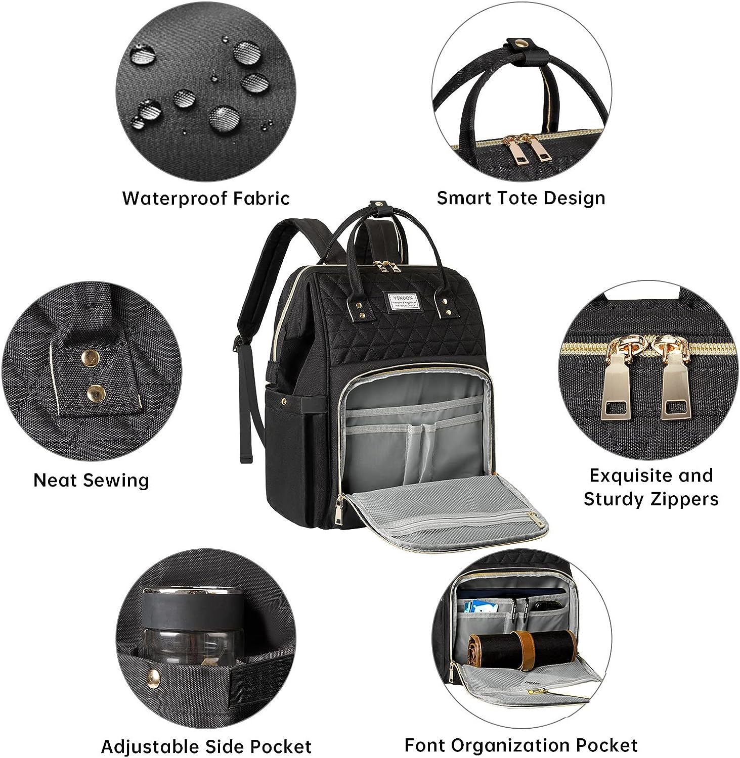 VSNOON Laptop Backpack for Women, 15.6 Inch Laptop Bag with USB Charging Port, Water Resistant Travel Backpack for Women Work Nurse/Teacher Casual Daypack, Black