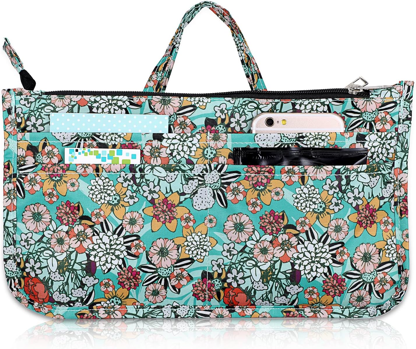 BTSKY Printing Handbag Organizers Inside Purse Insert - High Capacity 13 Pockets Bag Tote Organizer with Handle(Colorful Flower)