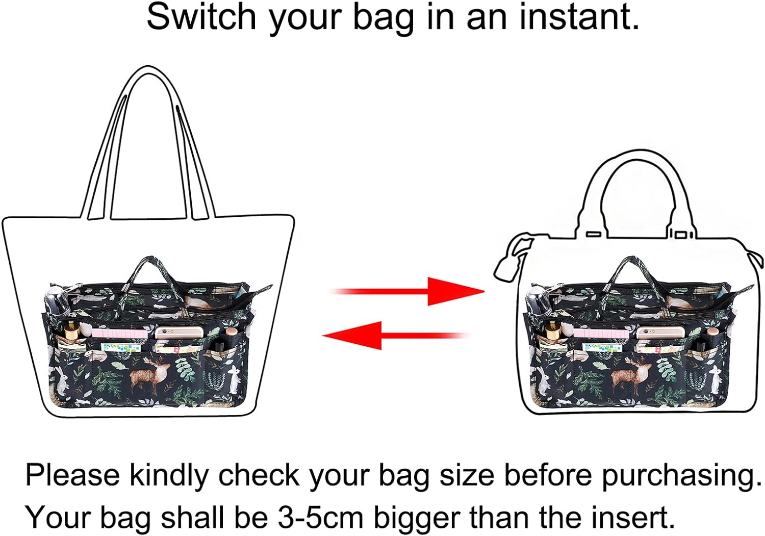 BTSKY Printing Handbag Organizers Inside Purse Insert - High Capacity 13 Pockets Bag Tote Organizer with Handle(Colorful Flower)