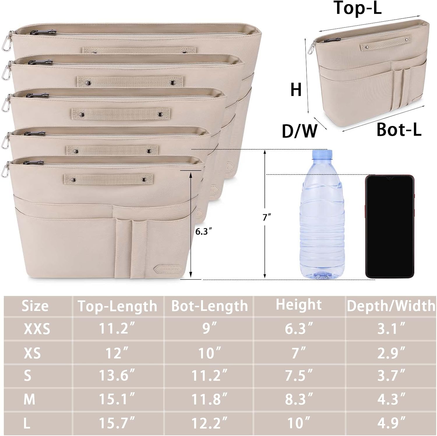 HyFanStr Purse Organizer Insert for Handbags,Tote Bag, Zipper Bag for Women with 15 Pockets, Beige L