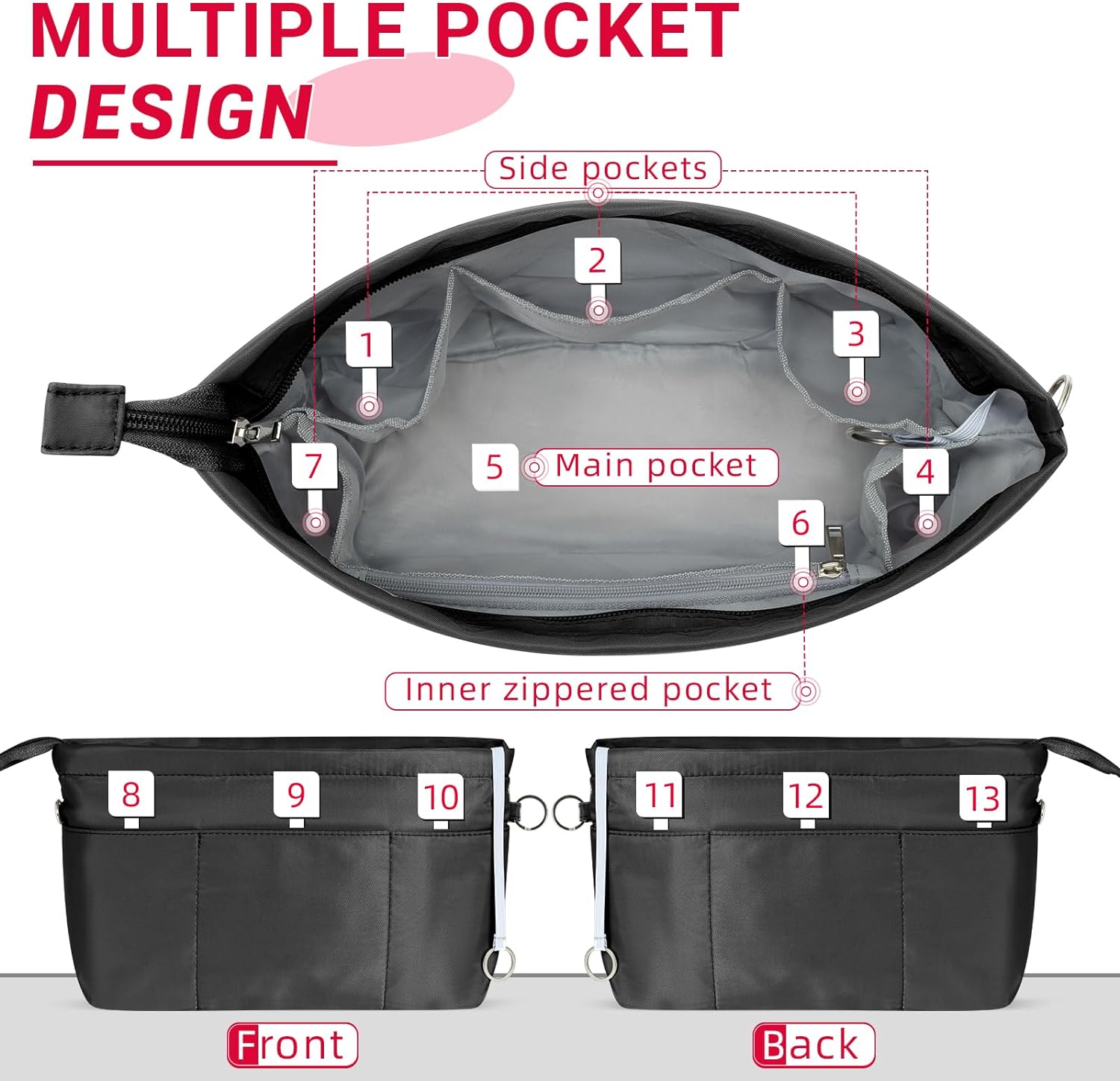 HyFanStr Purse Organizer Insert with Zipped Top for Tote Bag, Handbag Shaper with 13 Pockets HyFanStr Purse Organizer Insert with Zipped Top for Tote Bag, Handbag Shaper with 13 Pockets
