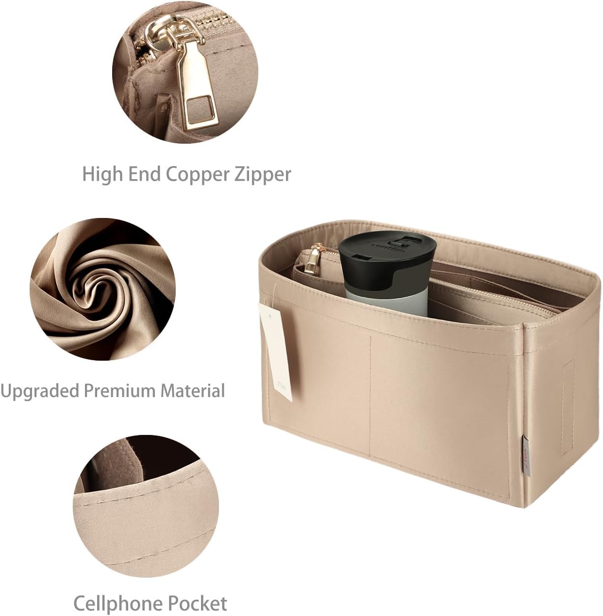 Purse Organizer Insert For Handbags, Purse Organizer With Zipper, Neverfull Organizer, Bag Organizer For Speedy Neverfull ONTHEGO Tote, Handbag and More (small, Silky Beige)