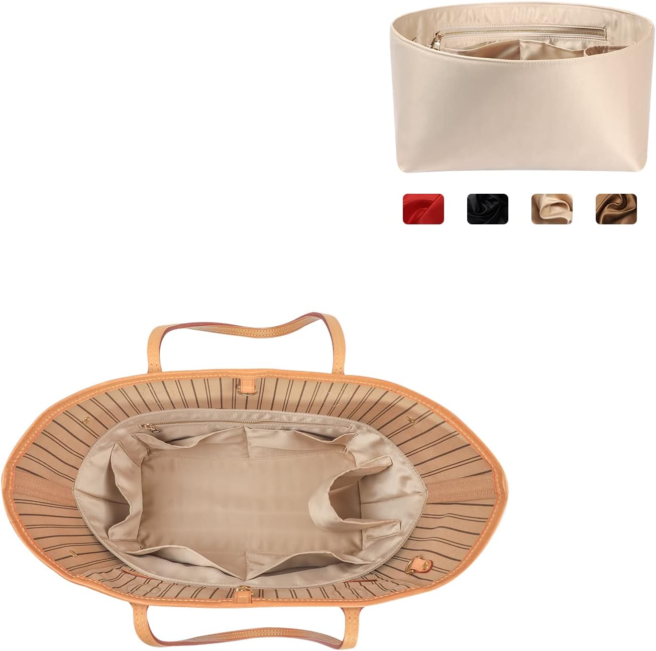 Purse Organizer Insert For Handbags, Silk Purse Organizer with Zipper, Silky Smooth, Bag Organizer For Speedy Neverfull Tote,onthego,Artsy, 6 Sizes(Large, Silky Beige)