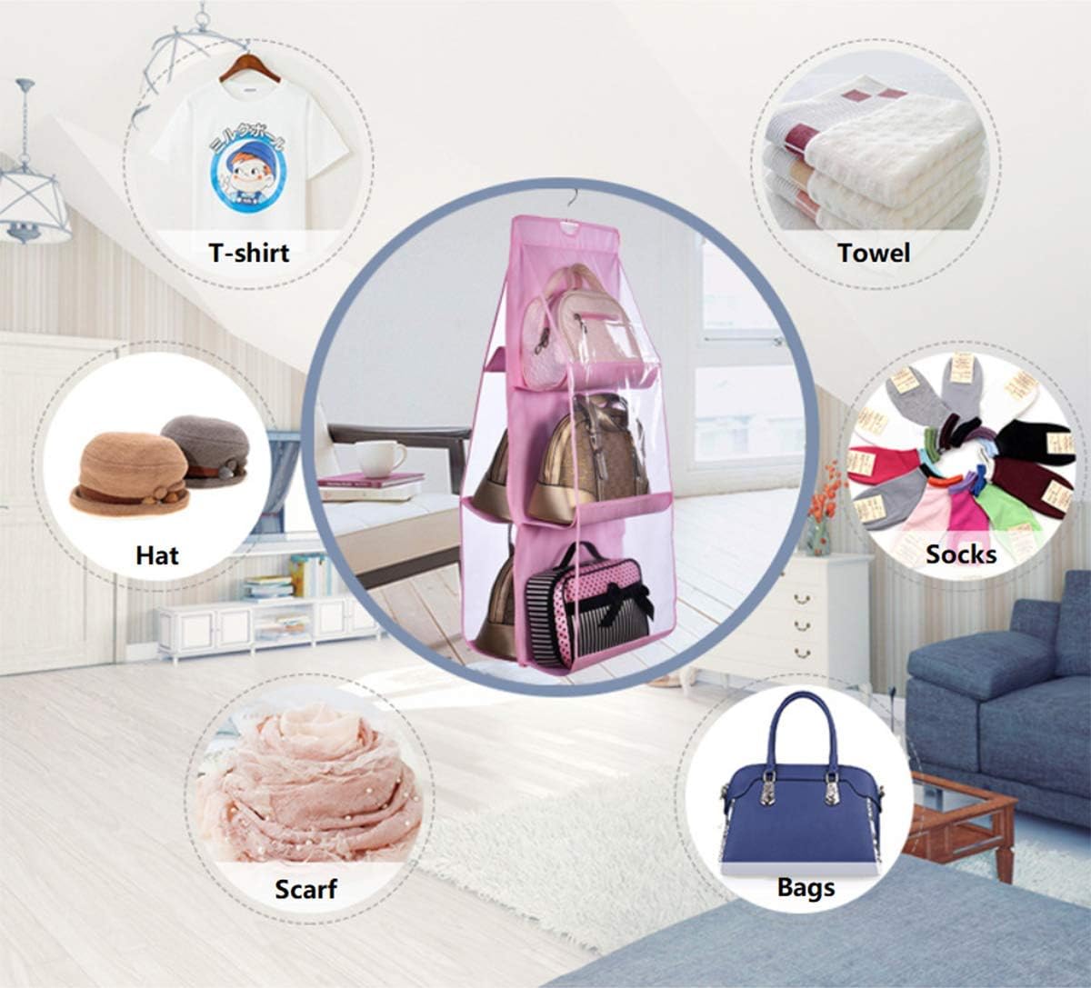 Double Sided Dust Proof Handbag Organizer with 6 Clear Pockets Double Sided Dust Proof Handbag Organizer with 6 Clear Pockets