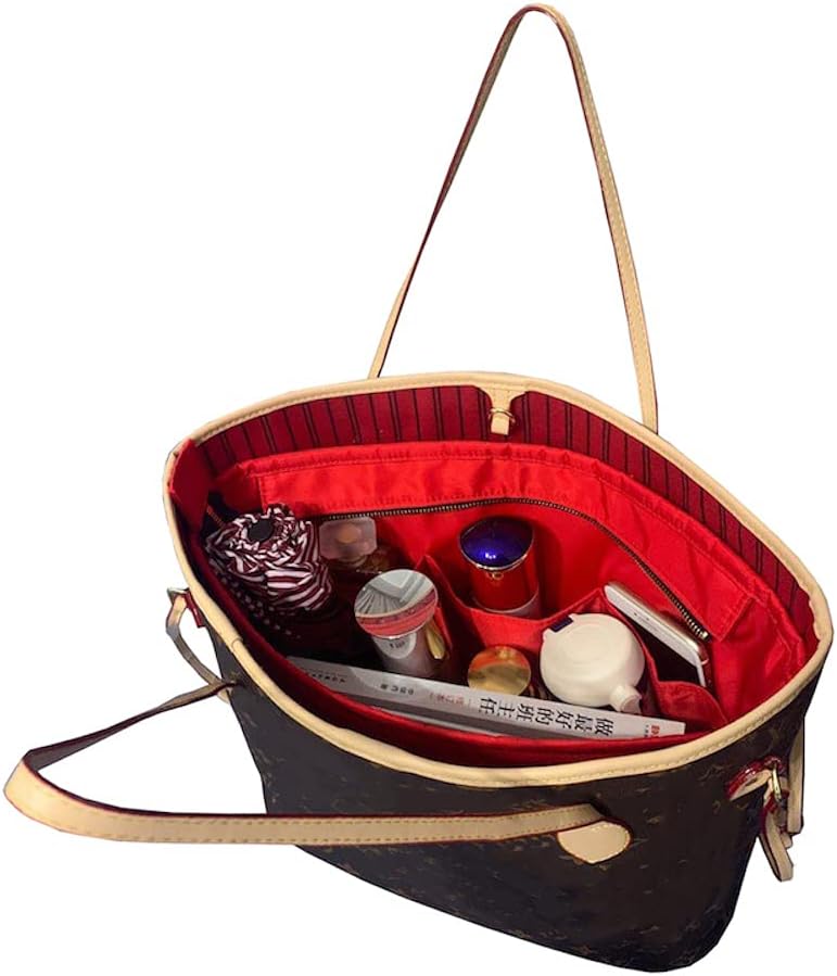 HKERUI Premium Nylon insert Bags Organizer Makeup Handbag Organize Inner Purse Portable base shaper N.everfull PM MM GM Handmade Medium (Large, red)