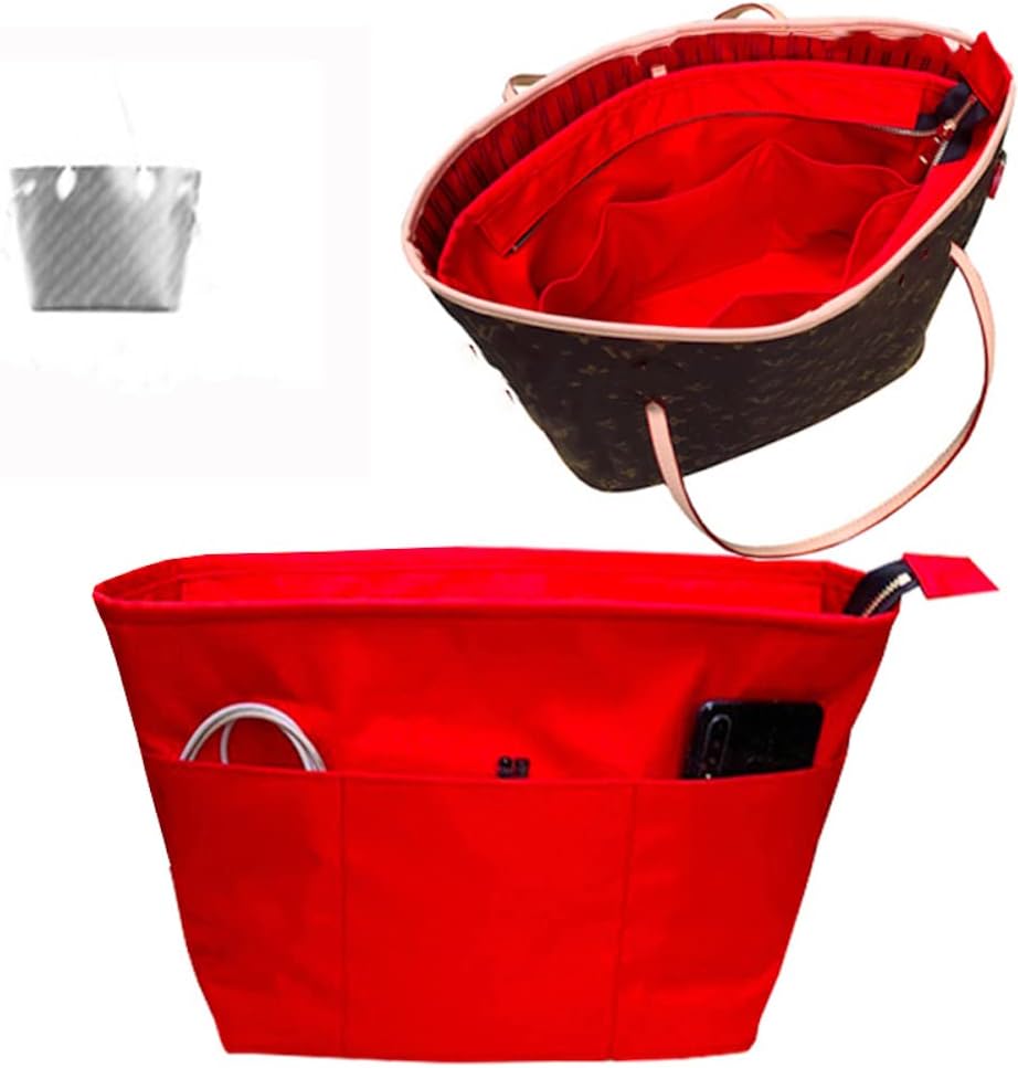 HKERUI Premium Nylon insert Bags Organizer Makeup Handbag Organize Inner Purse Portable base shaper N.everfull PM MM GM Handmade Medium (Large, red)