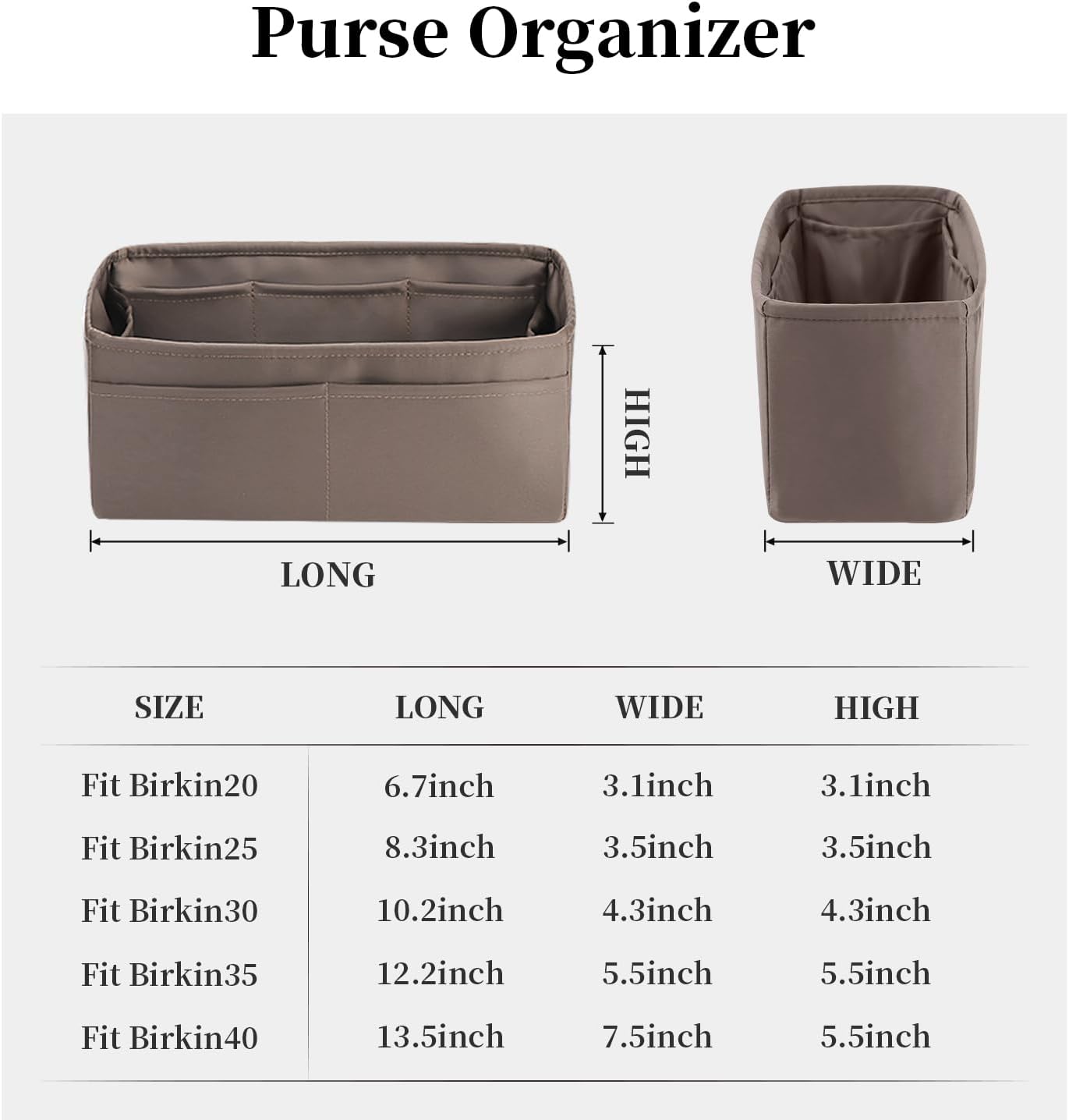 KINGS IN BAG Organizer Insert for Birkin 30 Bags, Luxury Bags Storage, Lightweight Handbag Shaper with Silky Satin  Memory Foam, Etoupe grey (Birkin30, Organizer + Pillow)