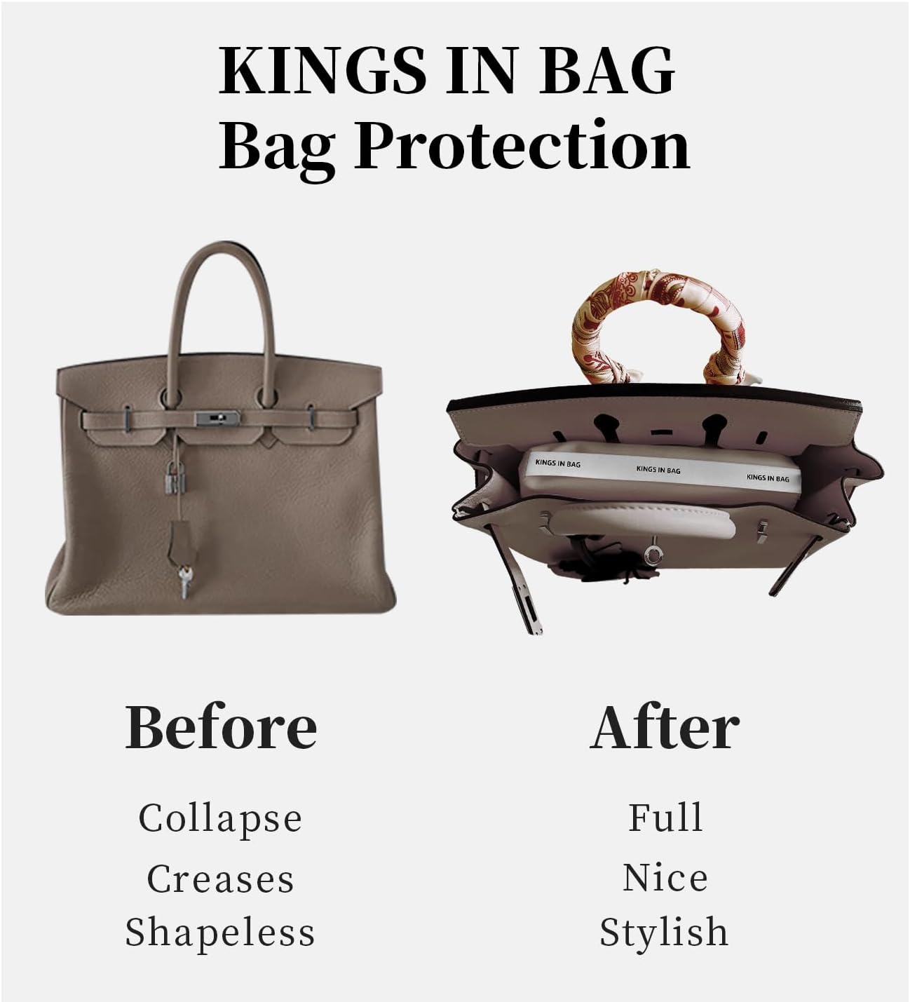 KINGS IN BAG Purse Handbag Shaper Pillow Insert for Women Bags, Luxury Bag Lightweight Shaper with Silky Satins, Fits for Kelly 2424-mini bags, Soft Memory Foam Inner(Etoupe grey, Kelly 2424-mini)