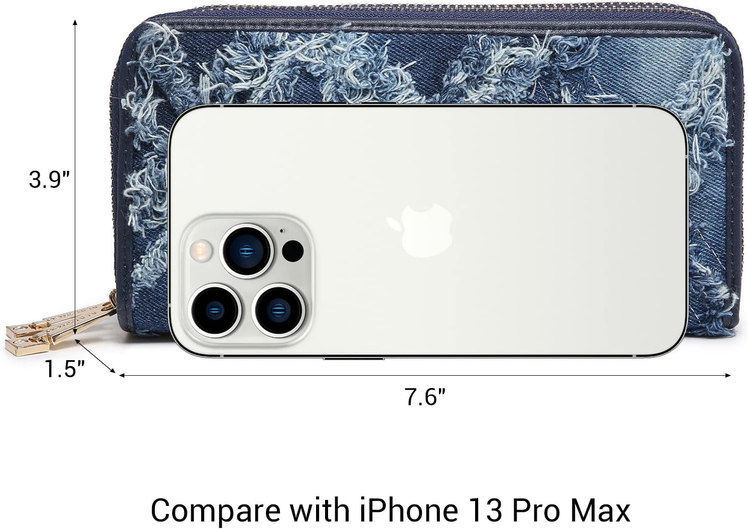 MKP COLLECTION Womens Fashion Double Zip Around Wallet Jean Denim Long Purse Credit Card Holder Bifold Ladies Cluth Wristlet Wrist Strap