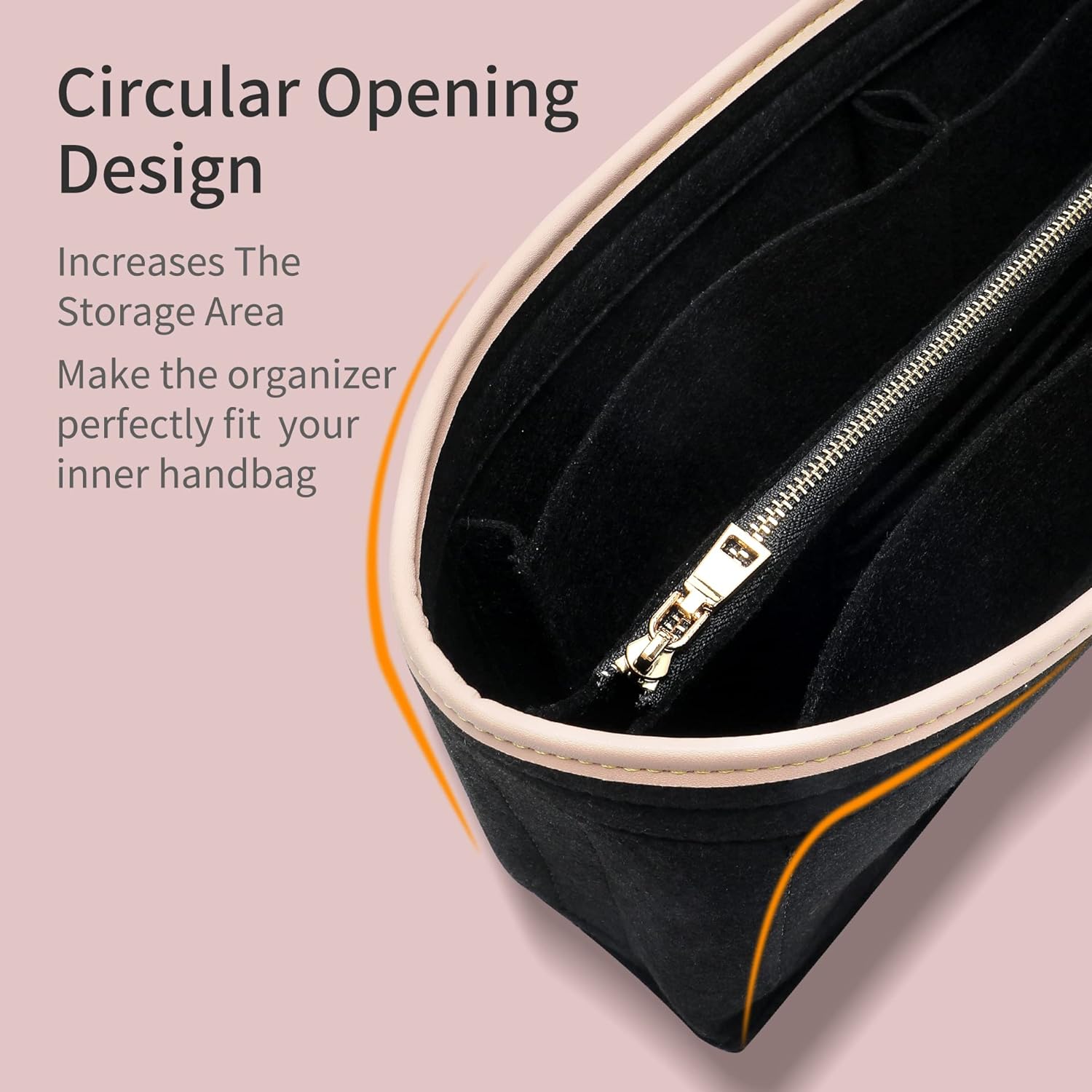 Purse Organizer Insert for Handbags, Graceful PM Felt Organizer Insert with Base Shaper Zipper Bag in Bag Sturdy (Felt-Black, Slender Mudium)