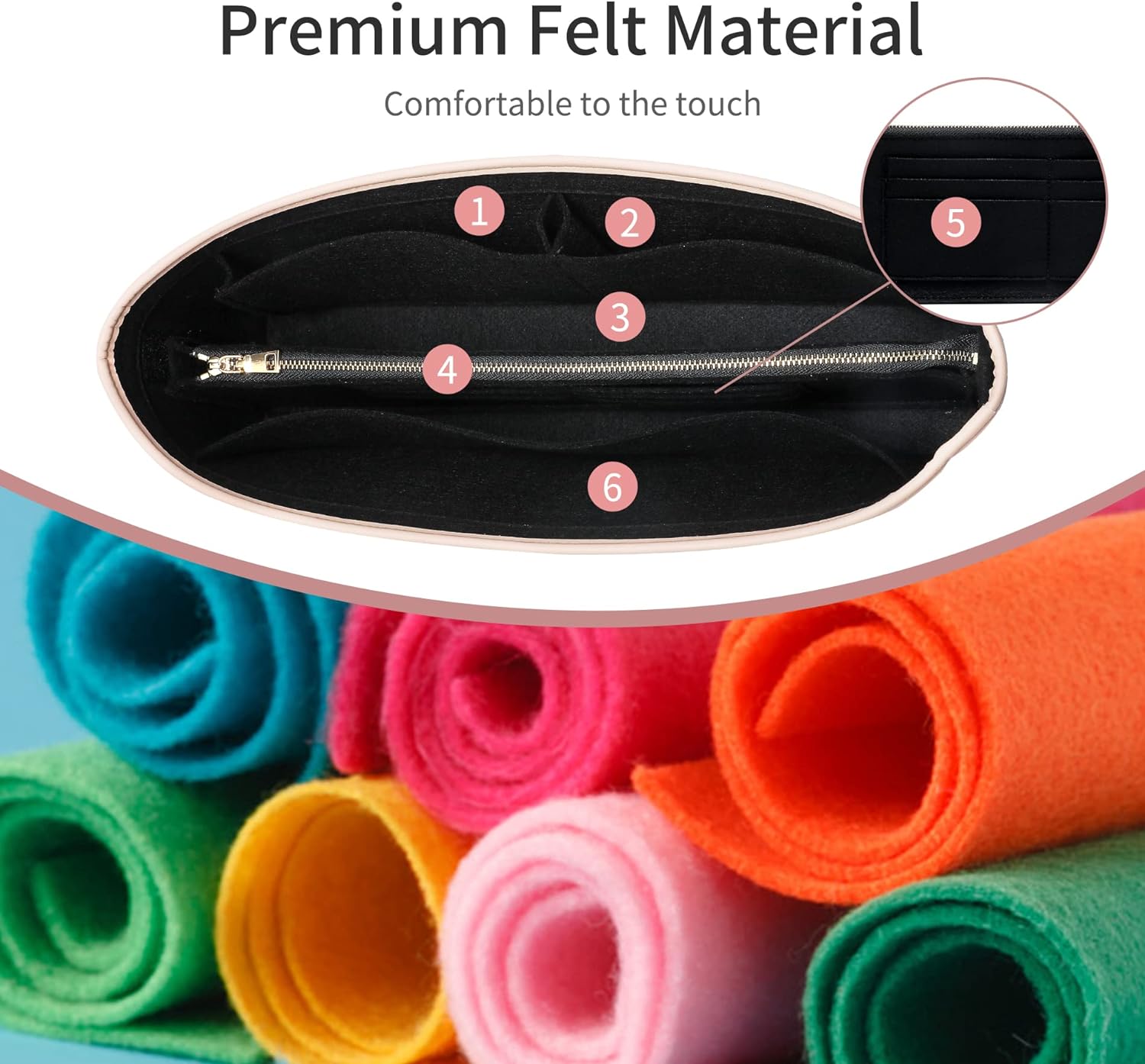 Purse Organizer Insert for Handbags, Graceful PM Felt Organizer Insert with Base Shaper Zipper Bag in Bag Sturdy (Felt-Black, Slender Mudium)