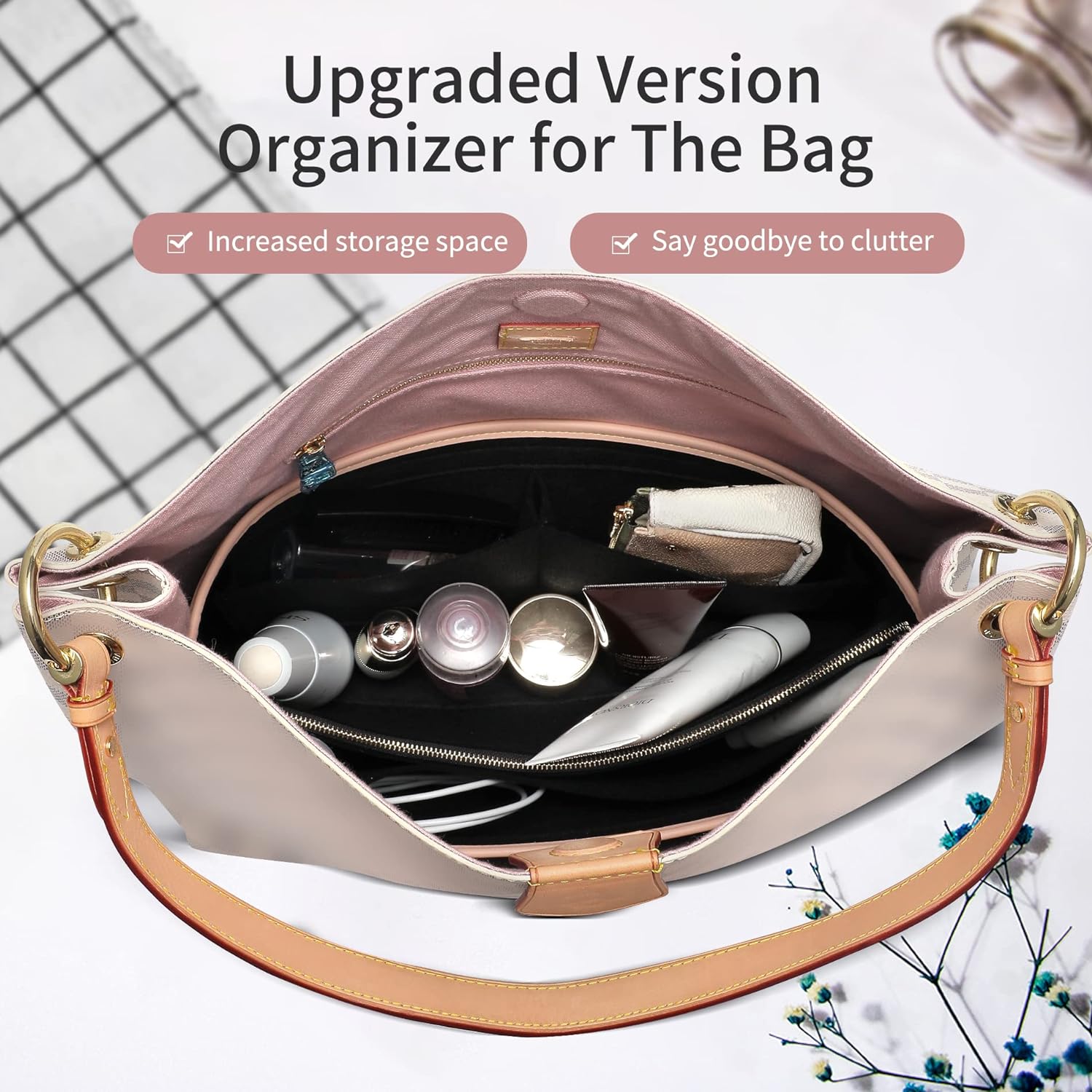 Purse Organizer Insert for Handbags, Graceful PM Felt Organizer Insert with Base Shaper Zipper Bag in Bag Sturdy (Felt-Black, Slender Mudium)