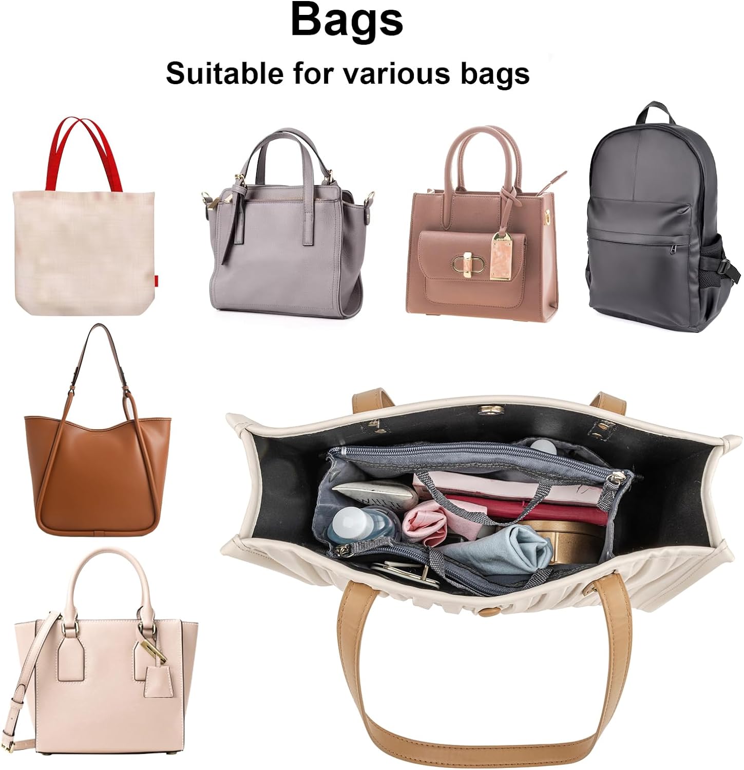 Purse Organizer Insert, Polyester Tote Bag Organizer Insert with Mesh, Zipper Pockets, Black Bag Insert for Women, Worker, Traveler