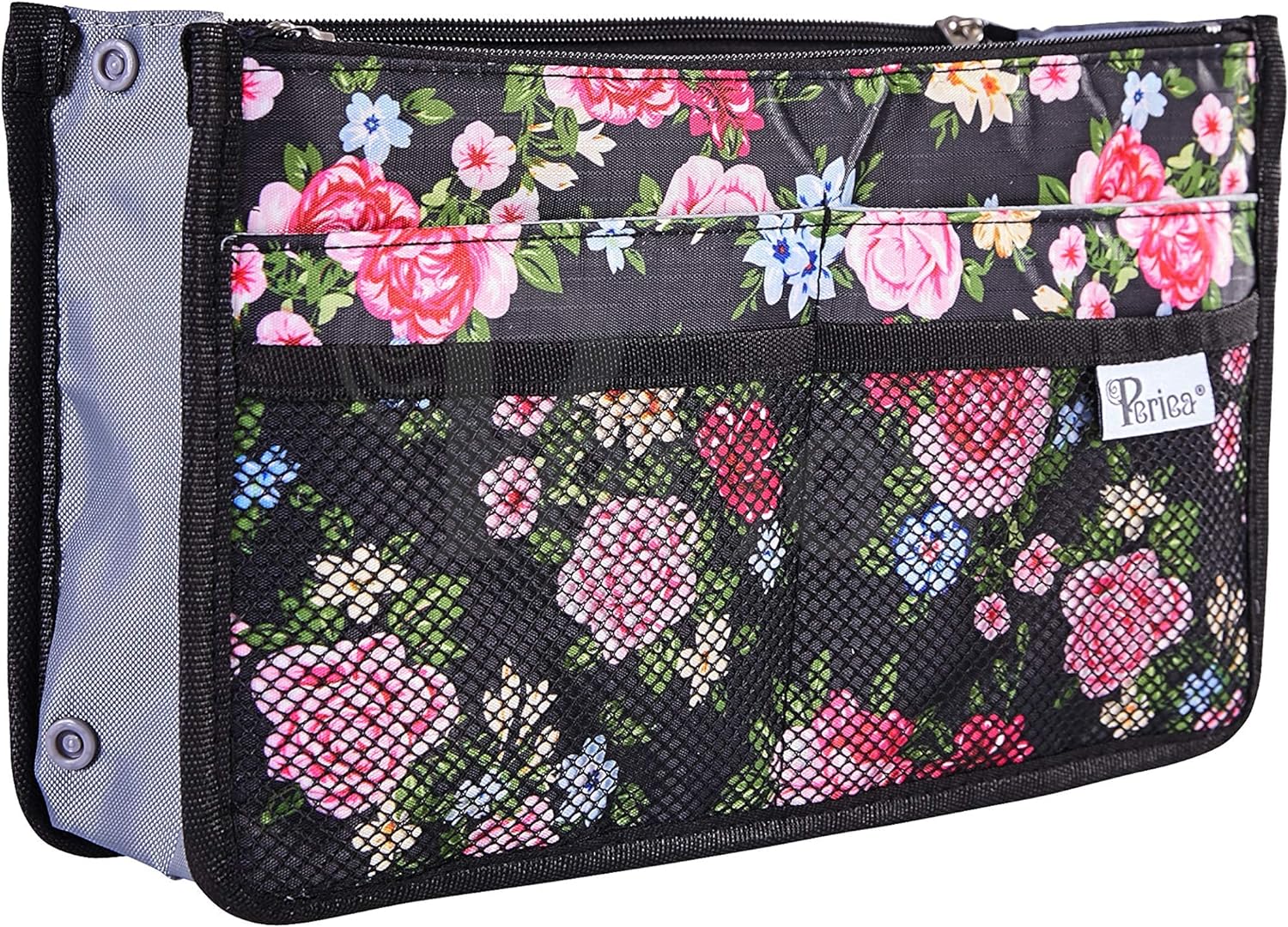 Periea Chelsy Purse Organizer Insert with Handles  13 Pockets - 3 Sizes (Black Floral, Small)